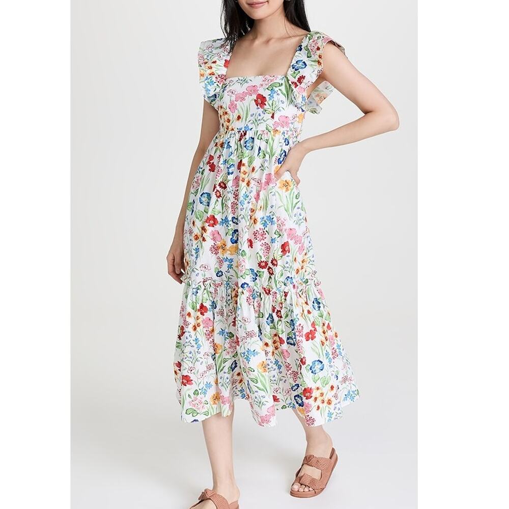 Cara Cara Darby Dress White Floral Tiered Midi Flutter Sleeve A-Line Sz XS